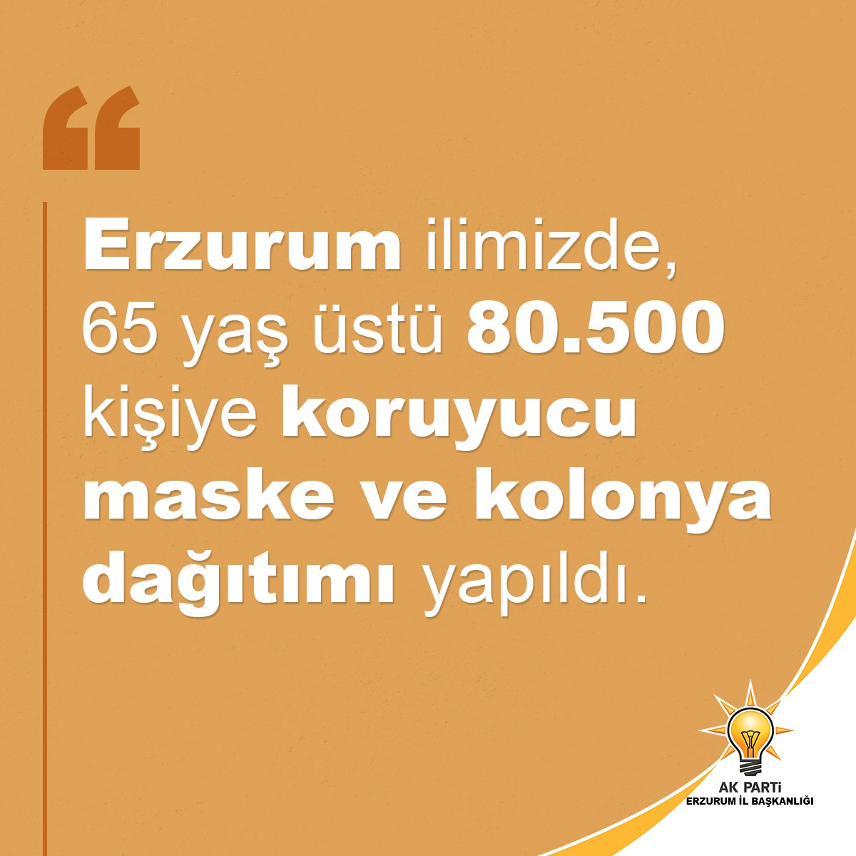 Her zaman olduğu gibi bu zorlu süreçte de yine #DevletileMilletYanYana olduk. Erzurum'umuzda Covid-19 ile mücadelemizde; çiftçimiz, aile ve esnafımız, işçi kardeşlerimiz, ihtiyaç sahibi ve 65 yaş üstü vatandaşlarımıza maddi ve manevi yardım sağlayarak kimseyi yalnız bırakmadık.