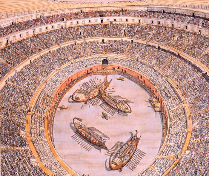 4. Lavish Hundred-Day Games were held to mark the inauguration of the building in Titu's reign (Vespasian's son), including a mock naval battle and gladiatorial contests,Up to 55,000 spectators could be seated in its terraces.