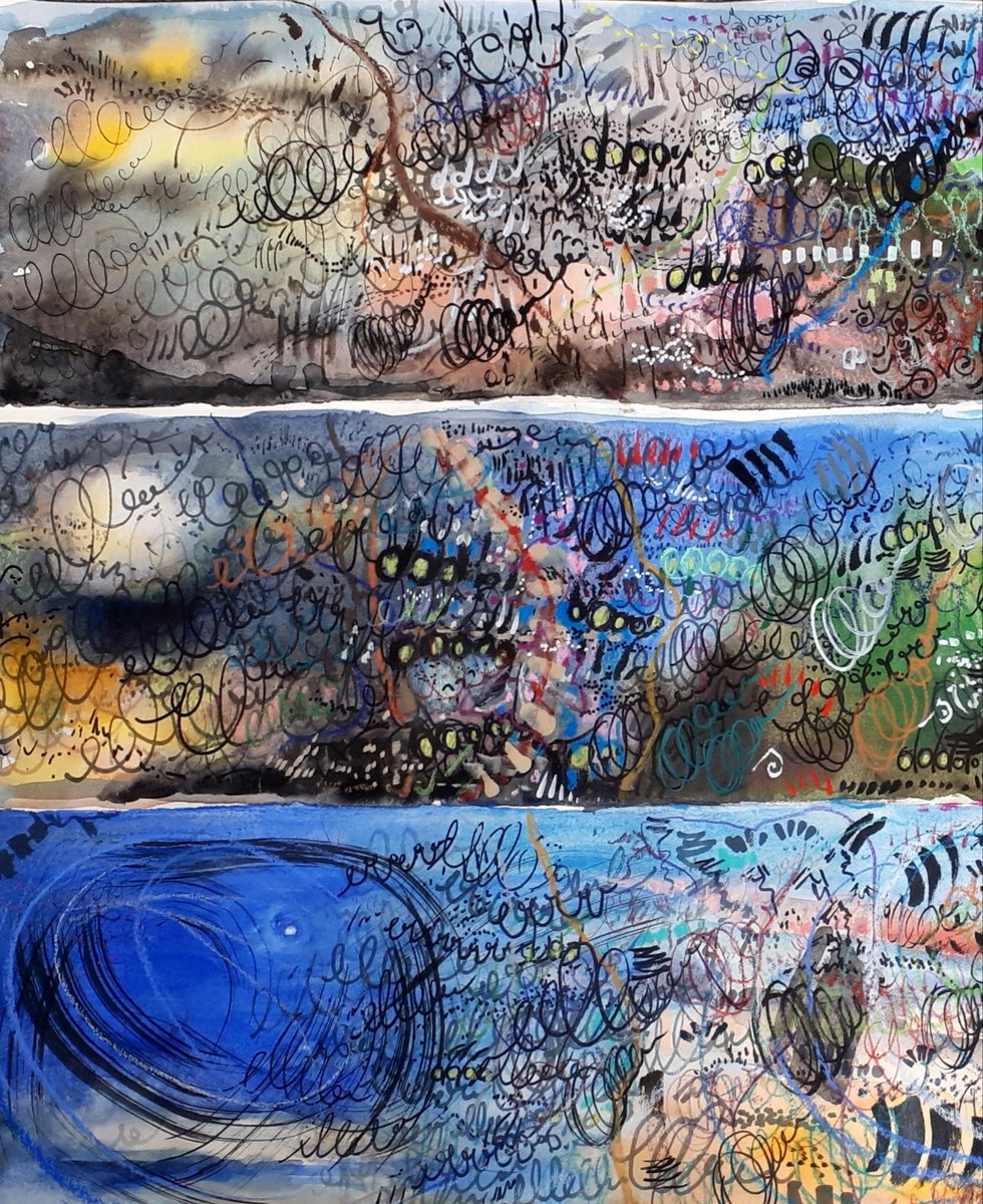 RavenesqueM's tweet photo. Lighter #mornings &amp; the chorus is in full swing, a blustery Morning &amp; even the robins delay their start. 
#sounddrawing #painting #dawnchorus #birdsong #londonbirds #recordingsounds #changinglight #colours #birdsounds #gardenbirds #suburbanwildlife #markmaking #mixedmedia #art https://t.co/nkoh8t369l