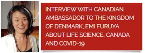 CanadaDenmark's tweet photo. Thank you Medicon Valley Alliance  for your interest in 🇨🇦’s #lifescience capabilities &amp; how 🇨🇦 has engaged the industry to spur new #partnerships and #innovation in our #COVIDー19 response. 
Interview with the 🇨🇦Ambassador to 🇩🇰🇬🇱🇫🇴 here 👉 
https://t.co/1pp1tDdre6 https://t.co/Ls6f109GzO