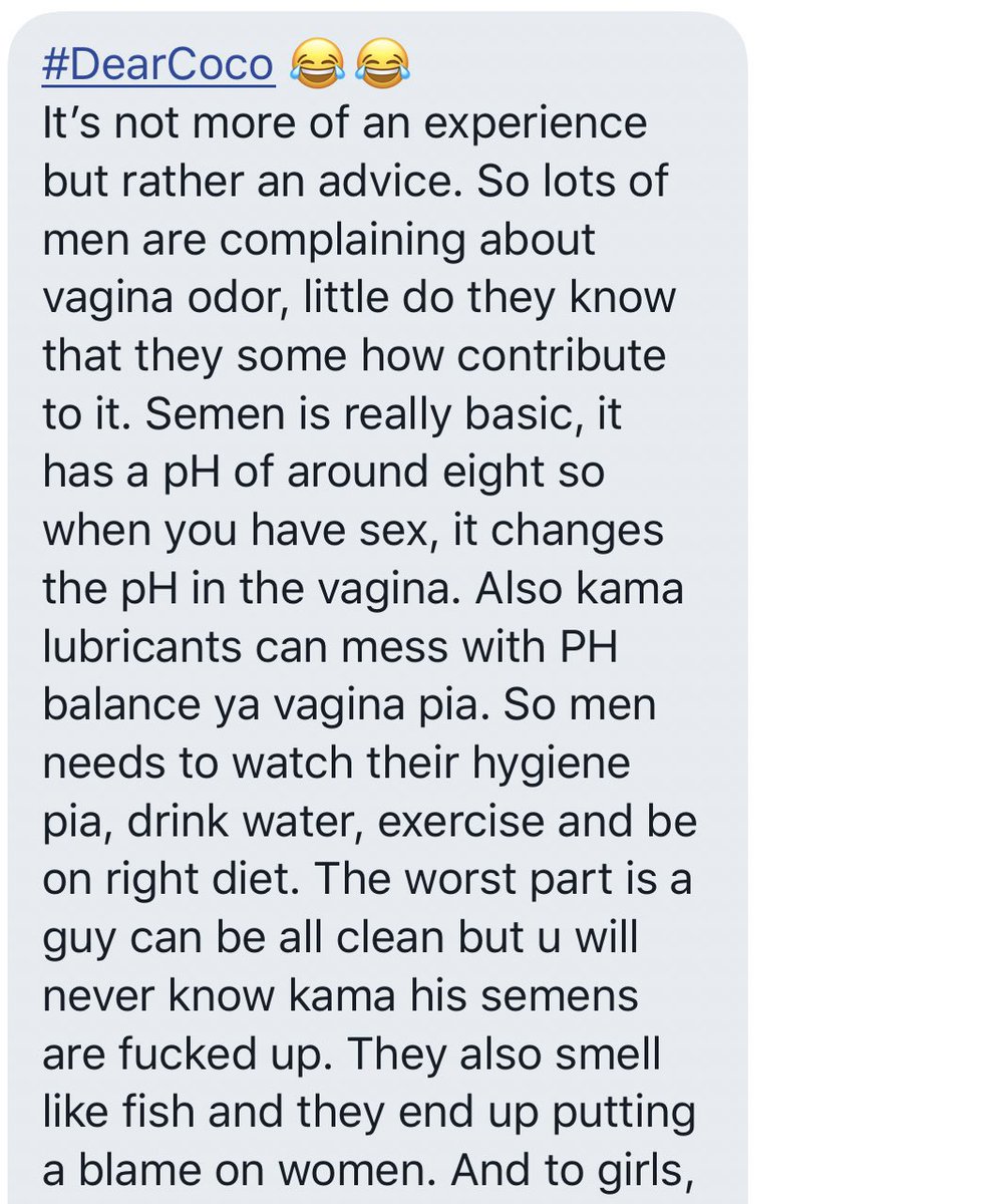 Kwa ufupi ni kwamba, wanaume pia wanachangia mwanamke kuwa na afya isiyoridhisha ya uke kama nao hawajitunzi pia.. halafu wanaishia kuwalaumu wanawake bure. Pia wadada, kula vizuri, jitunze afya. Hakuna utakachopaka au kupachika huko chini kikakusaidia.  #DearCoco