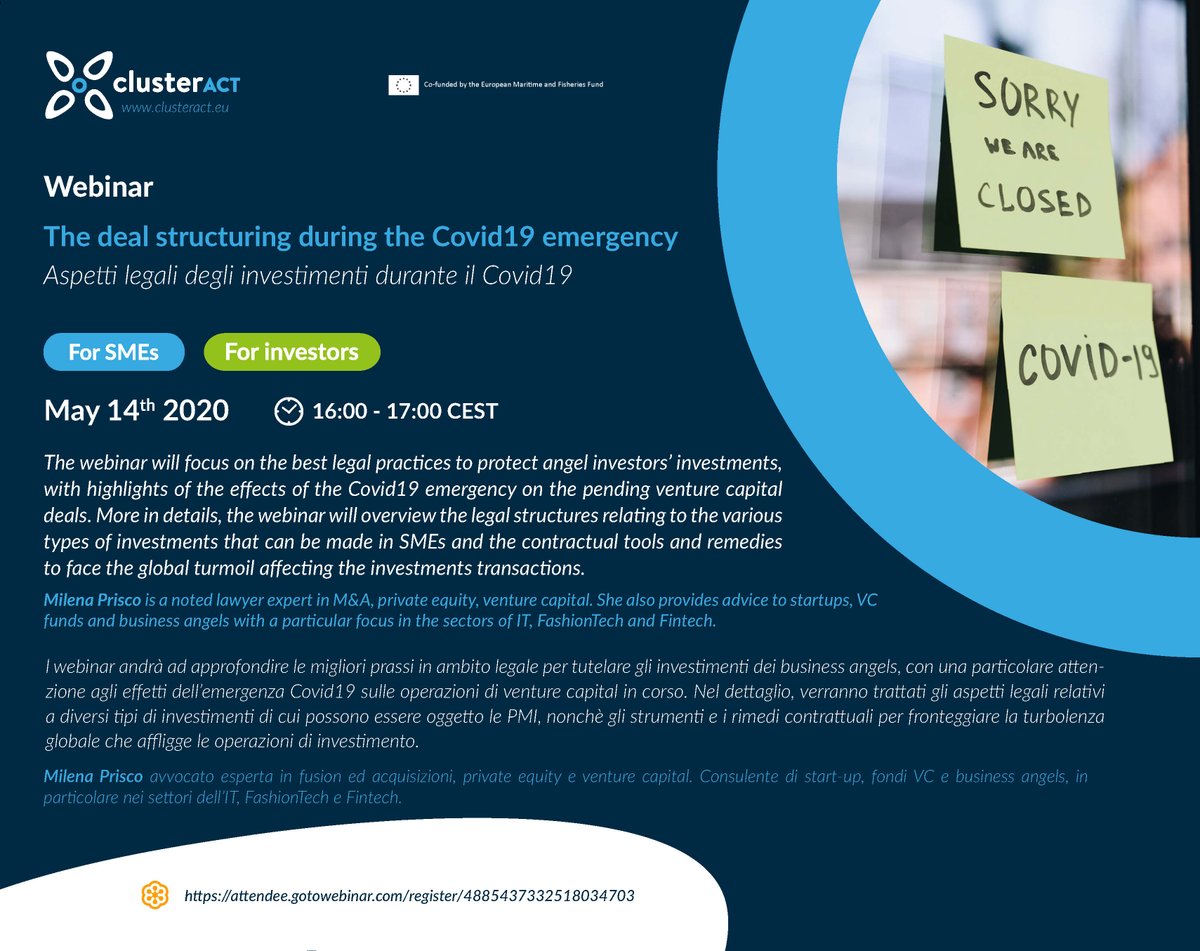 ClusterACT's tweet image. What happens with the #covid19 and the #investments? Today at 16:00 Milena Prisco will highlight, in Italian 🇮🇹, the effects of the emergency on venture capital deals 📈  bit.ly/3fMHBCX