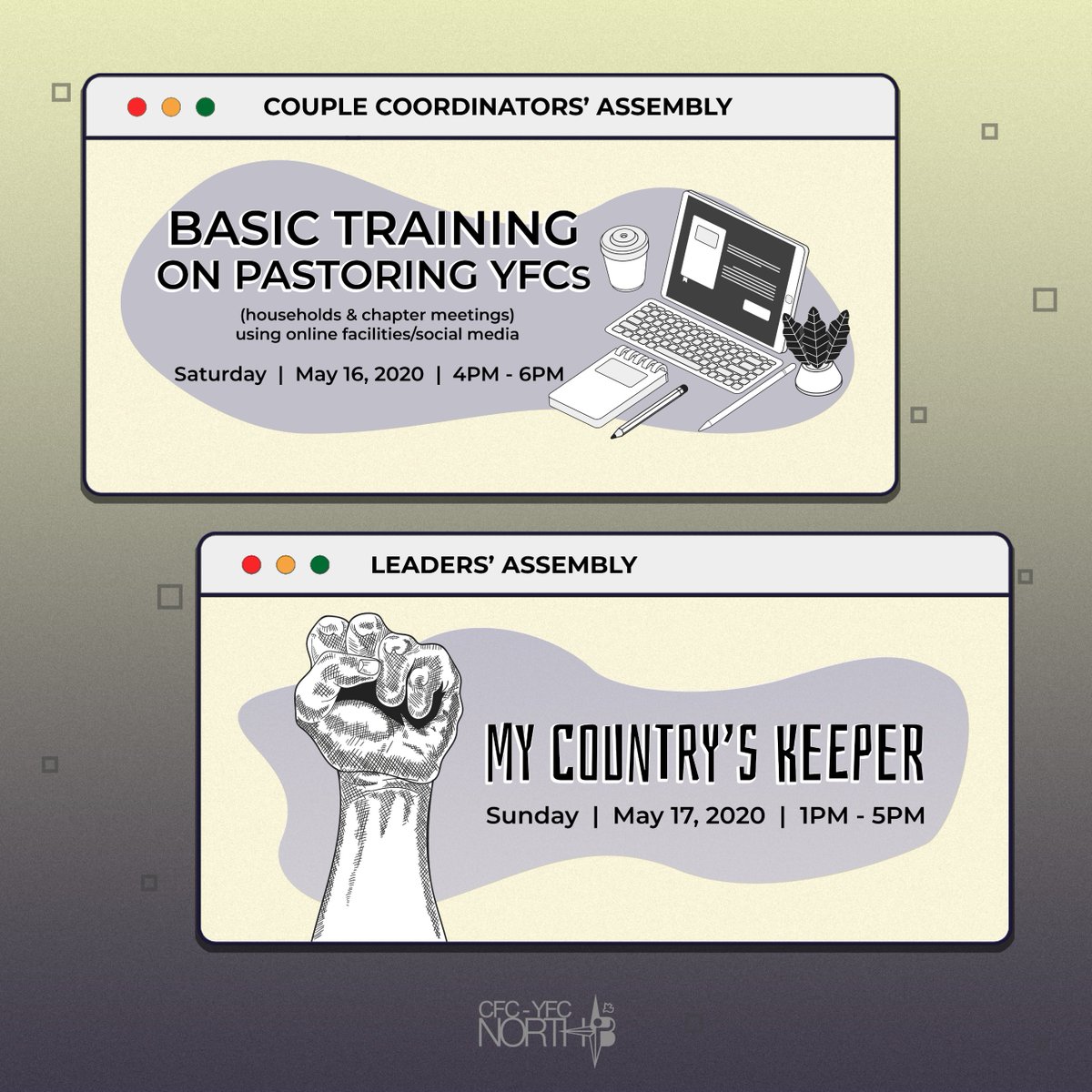 cfcyfcmmnorthb's tweet photo. This coming weekend, we will be having our online assemblies!
Couple Coordinators' Assembly - Saturday, May 16 | 4PM - 6PM
Leaders' Assembly - Sunday, May 17 | 1PM - 5PM

Zoom details will be sent to your respective household group chats.

#BeyondBlessed https://t.co/K8mSSPr9Eb
