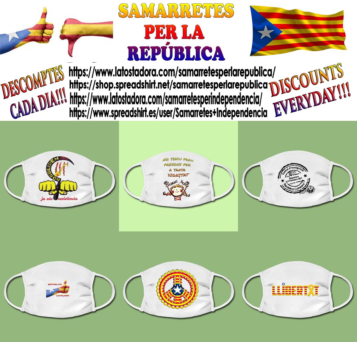 IndepSamarretes's tweet photo. 🖐️🌞BON DÍA REPUBLICANS! Ya tenim disponibles MASCARETES PER LA REPÚBLICA a la nostra botiga!!  Sembla q serà un accessori que portarem una bona temporada. PER QUE NO PROTEGIR-SE I FER REPÚBLICA AL MATEIX TEMPS? 
https://t.co/z7E0bKue0x  #FemXarxa #republicacatalana #mascaretes https://t.co/k7CqtQ7xea