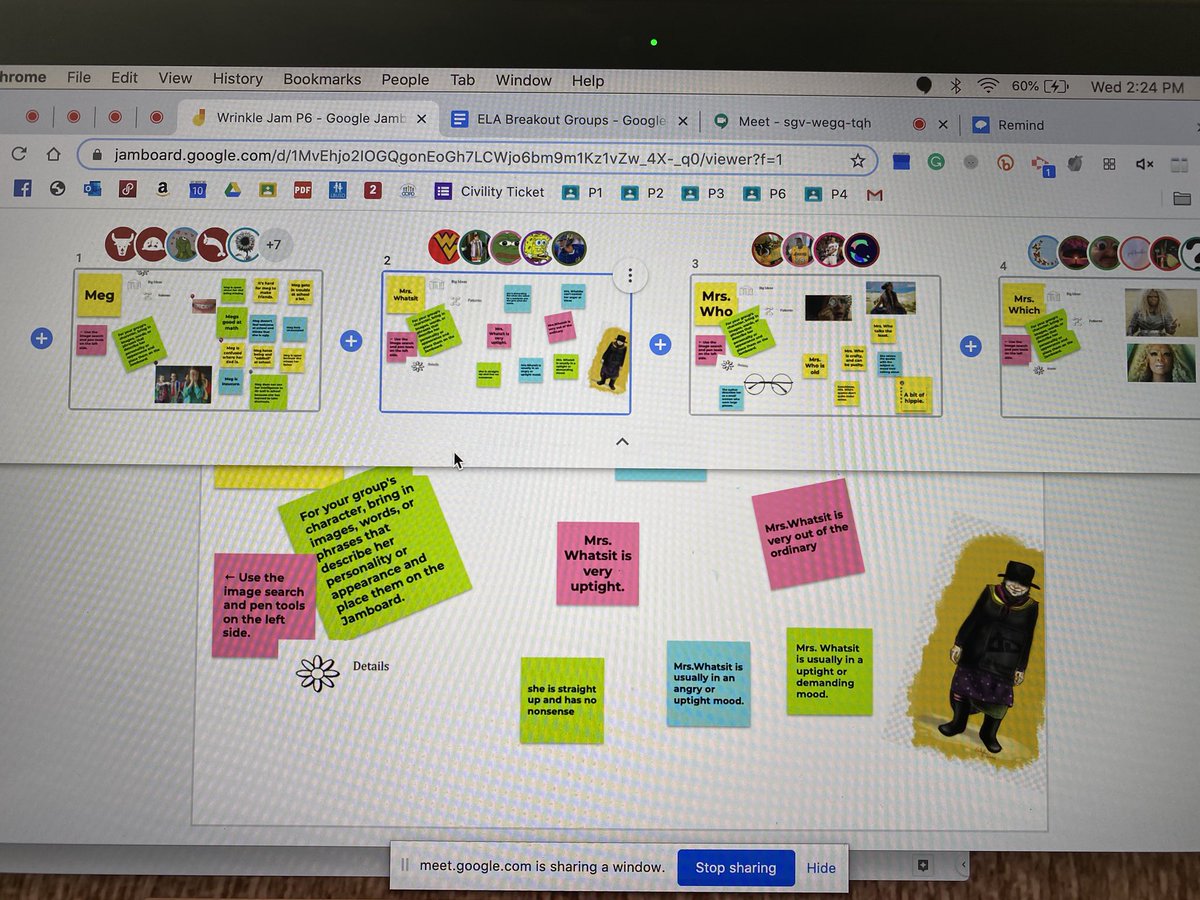Ss loved using #GoogleMeet and #Jamboard together for the first time to “discuss” character traits using #depthandcomplexityicons for #WrinkleinTime. #MegMurry #MrsWhatsit #MrsWho #MrsWhich @Rogers_Mustangs @RogersGreenTeam #proudtobeLBUSD