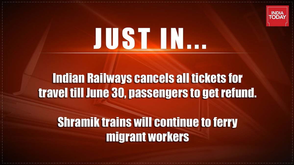 IndiaToday's tweet photo. #JustIn: Indian Railways has announced that all regular train tickets booked till June 30 on the special trains being operated in the lockdown have been cancelled. Passengers will get a refund of the ticket amount.
#ITCard #Lockdown #trains https://t.co/25YYYyxZJX