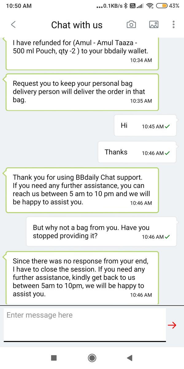 BhushanChanda15's tweet photo. @bigbasket_com #BBDaily customer service - Why so hurry? In the middle of conversation they close the session. Also, no bag is being provided for subscribers? The milk packets lie on floor which is unhygnic. Please look into this. #complaint https://t.co/zCvlOXtLXV
