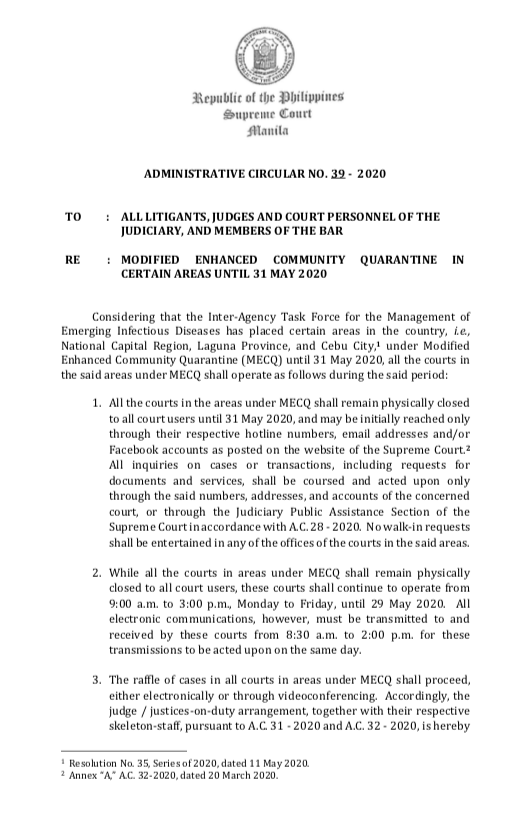 Philippine Supreme Court Public Information Office On Twitter Chief Justice Diosdado M Peralta Issues Administrative Circular No 39 2020 To All Litigants Judges And Court Personnel Of The Judiciary And Members Of The