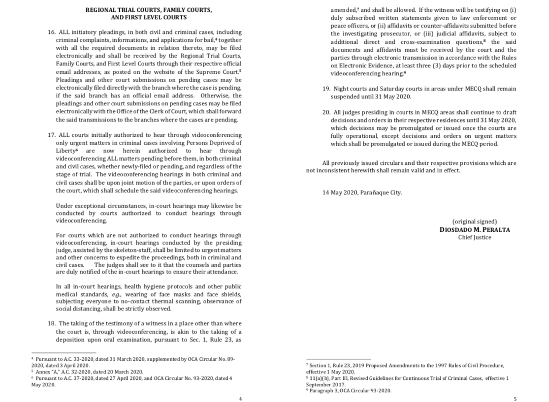 SCPh_PIO's tweet photo. Chief Justice Diosdado M. Peralta issues Administrative Circular No. 39-2020 
TO: All litigants, judges and court personnel of the judiciary, and members of the Bar 
RE: MODIFIED ENHANCED COMMUNITY QUARANTINE IN CERTAIN AREAS UNTIL 31 MAY 2020 https://t.co/tw0NTZuiuG