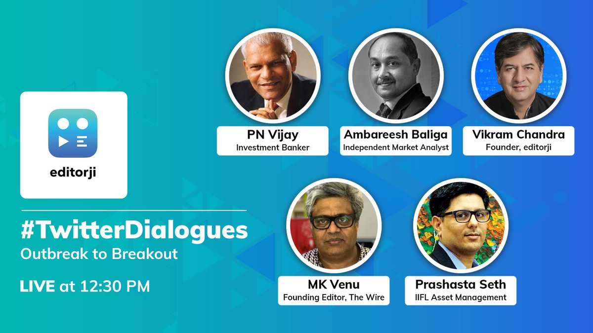 editorji's tweet photo. Join us for a Live #TwitterDialogues chat around #COVIDー19, the economy, the government's economic package and the markets! We'll be joined by PN Vijay, Ambareesh Baliga, MK Venu and Prashasta Seth along with Vikram Chandra
@TwitterIndia https://t.co/ShdJ0N1xAm