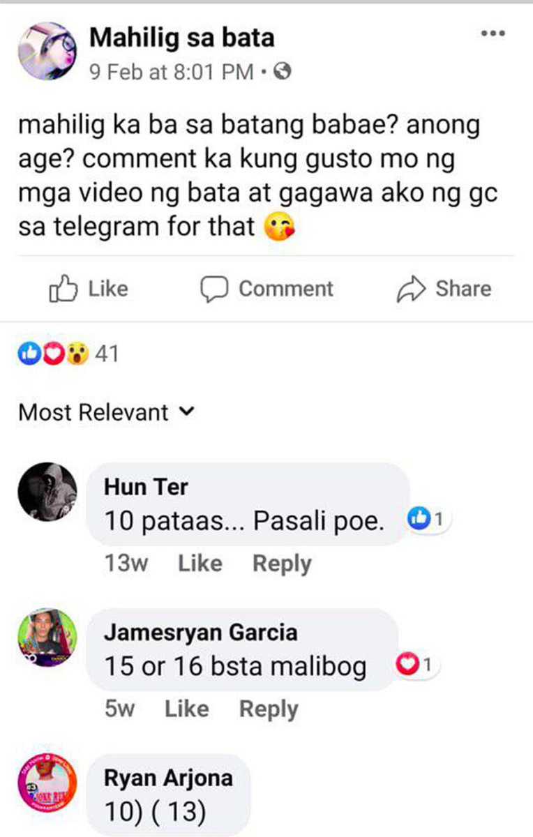 Sa ilalim ng quarantine, dumadami ang mga kaso ng online sexual exploitation sa mga bata. Napakawalanghiya, at ang active & public pa ng posts & comments.Am calling on NBI & Facebk to put an end to these immediately!Kailangan mapanagot agad ang mga gumawa ng mga pages na ito.