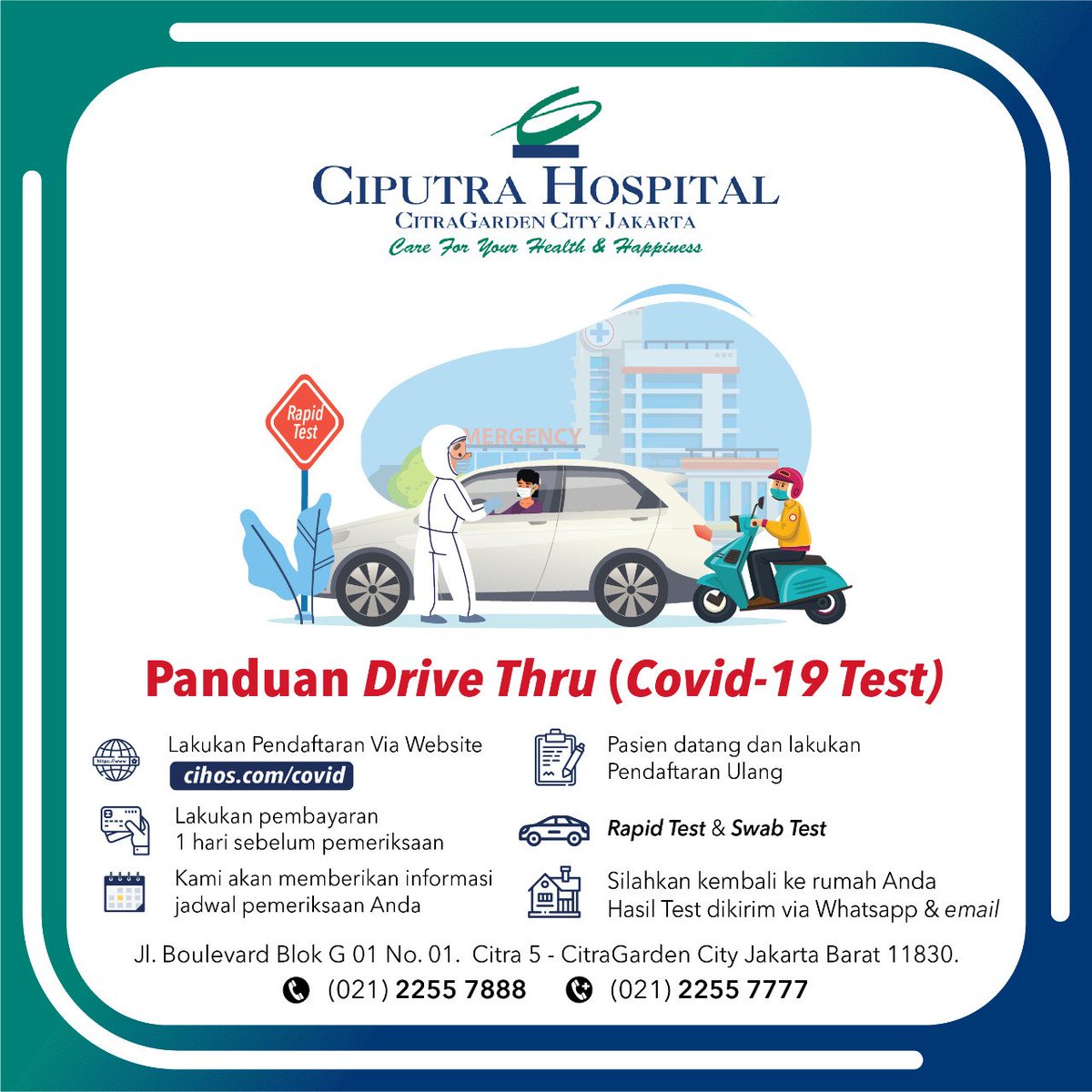 CIPUTRA HOSPITAL - DRIVE THRU RAPID TEST & SWAB TEST (PCR). Deteksi sejak dini untuk SEHAT BERSAMA, karena Anda bagian dari kami memutus mata rantai COVID- 19.⁣
⁣
#CitraGardenCity #CiputraGroup #Ciputra #CiputraHospital #covid19 #coronavirus #coronaindonesia #covidrapidtest