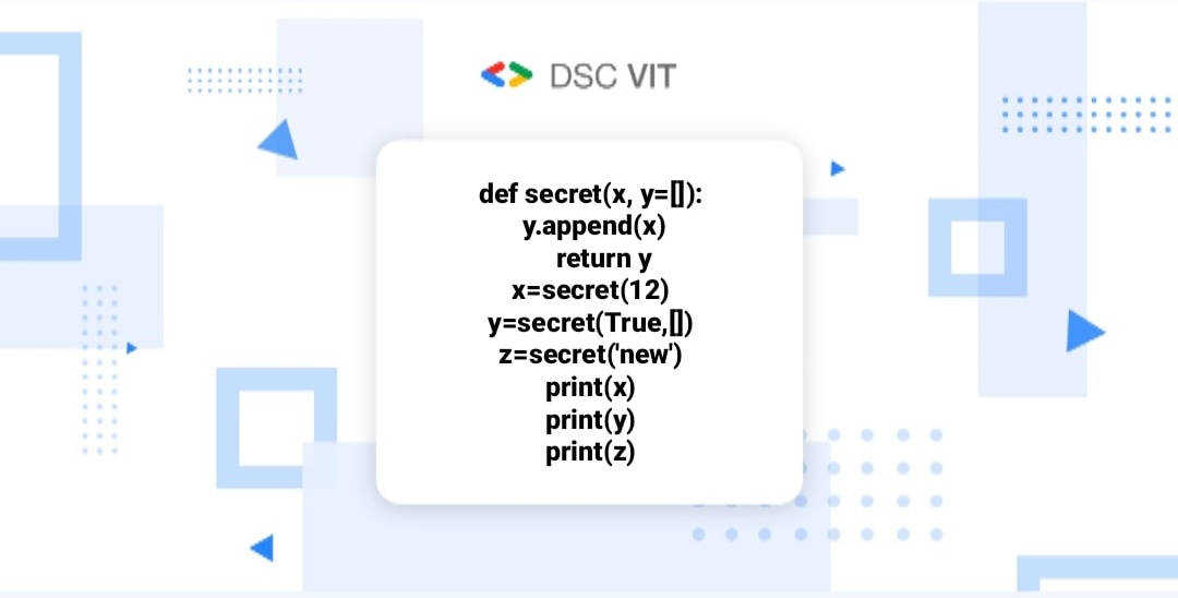 gdgvitvellore's tweet photo. State the #output and the reason for the output.
Answer this to earn 10 points in the #DSCVIT #SummerChallenge.
Answer here: https://t.co/RwQRy7C3kZ
#100DaysOfCode #CoronavirusOutbreak #CodeNewbie #ContestAlert #learning #Python #CodeWithDSC https://t.co/ruiVbBR532