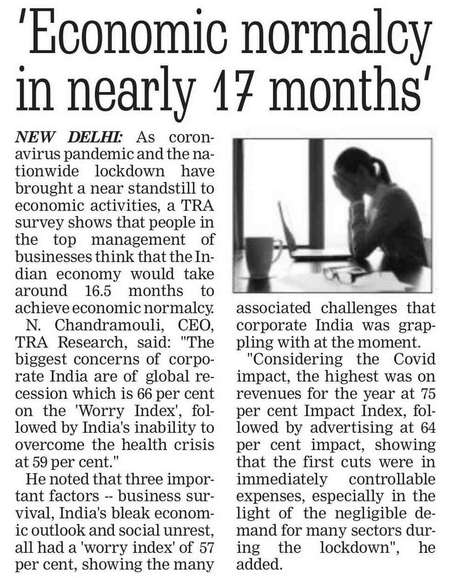 TRA_Research's tweet photo. The TRA survey shows that people in the top management of businesses think that the Indian economy would take around 16.5 months to achieve economic normalcy | Via @fpjindia @ncmoulee @sachinbhosle13  
#TRAWhitepaper #CoronavirusCorporatesInsights #NationalResearch #QuestforTruth https://t.co/SNTqs57vqn