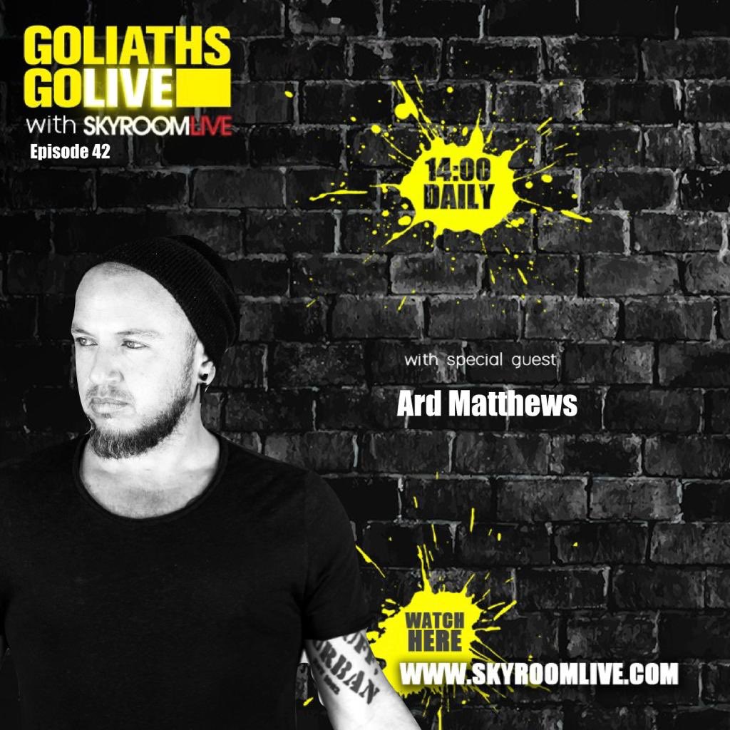 Goliath_Goliath's tweet photo. Today we have music legend @ardmatthews in his house in our studio on your screens! Live at 2pm. #goliathsgolive tune in on https://t.co/sQ69fU1ski 
Comment on this post and you could be inline to be interviewed as well in our new segment Goliaths and YOU! 
#skyroomlive https://t.co/vvLP3pARIu