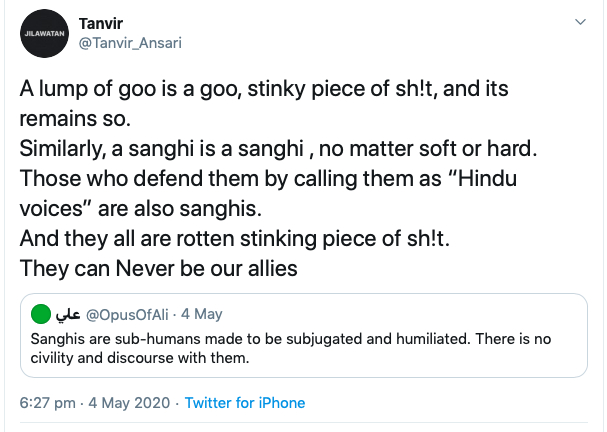 He wants Hinduism to die. According to him anyone supporting Hindus are Sanghis and are "stinky piece of shit".