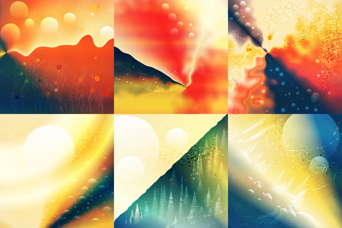 yuanchuan23's tweet image. So I put them together. They look like the scene from an imaginary planet.

Each one started from a shape with #conicGradient in CSS. I can manually control the progress so it&apos;s not all #generative. 

Hope you like it.