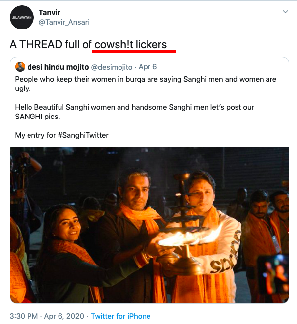 He makes fun of Jains and Hindus are "cowshitlickers" and "Gobar gaumutra".