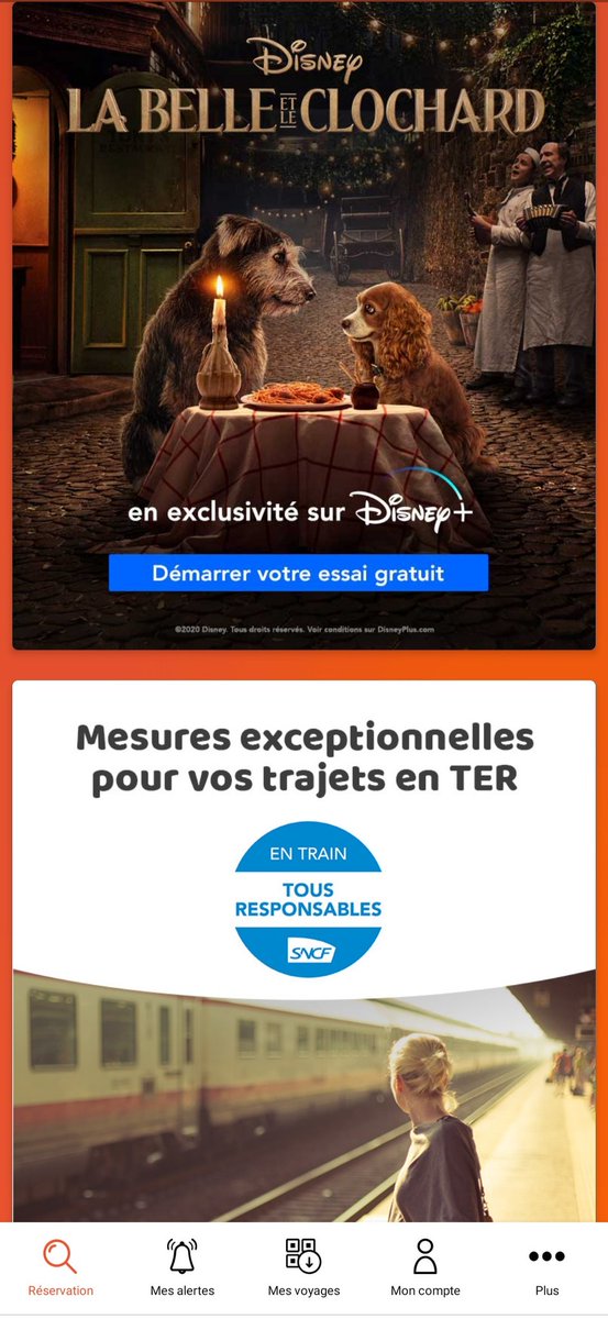 sdraperi's tweet photo. Magiques les positionnements publicitaires dans l'application @ouisncf
C'est avec l'argent des mesures exceptionnelles Ter que nous allons nous abonner à @DisneyPlusFR ???
#humourMatinal
#geek
#DeconfinementJour4 https://t.co/NvyvnwmlO7