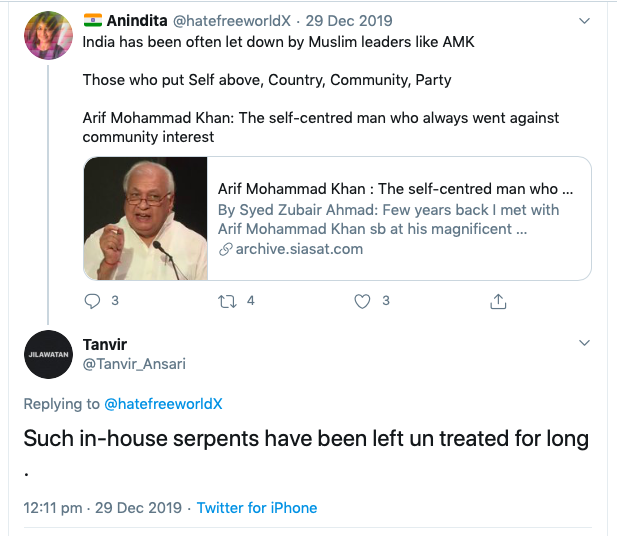 He hates muslims who support BJP & RSS and wants "treatment" for these kind of people.