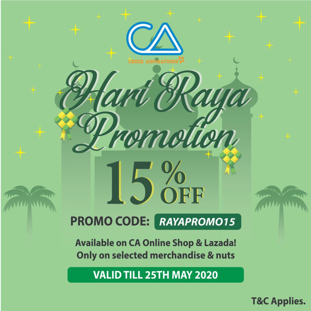 CheerAsp's tweet photo. CA is having Hari Raya Promotion! 15% OFF on selected merchandise and nuts! https://t.co/adQFubgGia SHOP NOW at CA Online Shop! 😍 T&amp;C applies #shoponline #promotion #onlineshopping #discount #harirayapromo #rayapromo #raya2020 #stayhome #staysafe https://t.co/i24hEFcjH7