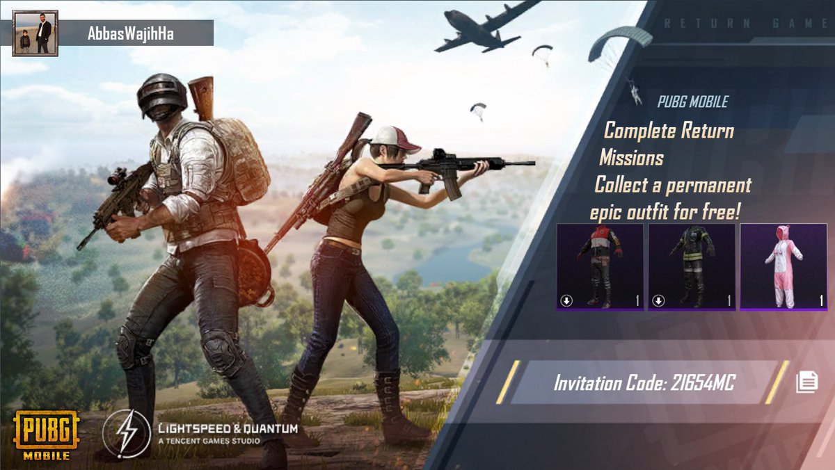 AbbasHareb43's tweet photo. Complete PUBG MOBILE Return Missions! Collect a permanent epic outfit for free! My invitation code: 2I654MC https://t.co/3RpexFRYGh https://t.co/0KAn8OJ9qi