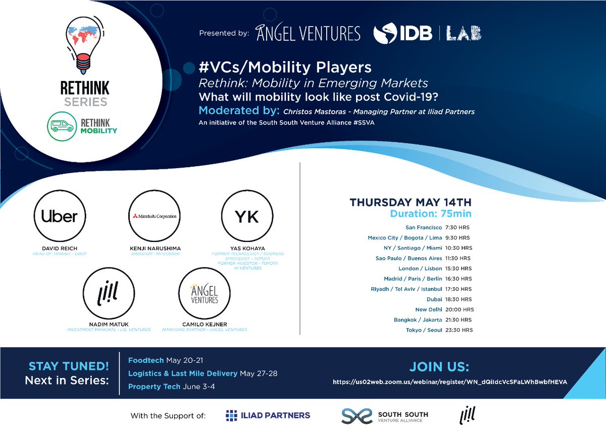 #Rethink Series: #Mobility #VCs/Corporates: Join us today to discuss the challenges of #startups during COVID19 with @Uber Mitsubishi Toyota @Liil_Ventures & @ckejner. Look forward to moderating. 6.30pm UAE. Register: bit.ly/2Lo8hfp @AVM_Mex @IliadPartners @IDB_Lab #SSVA