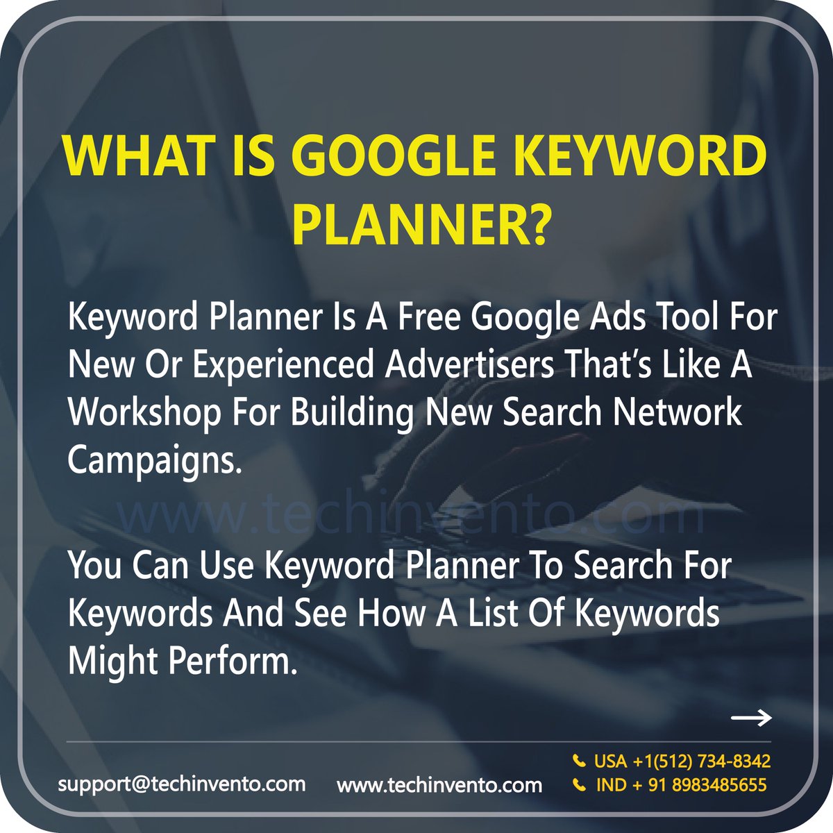 tech_invento's tweet photo. Keyword Planner is a free google ads tool for new or experienced advertiser's that's like a workshop for building new search networks campaigns.
USA:+1(512)7348342
INDIA:+91-7507540231
support@techinvento.com
#programming #Austin #usa #freelance #techinvento #digitalmarketing https://t.co/iHkhdMdep6