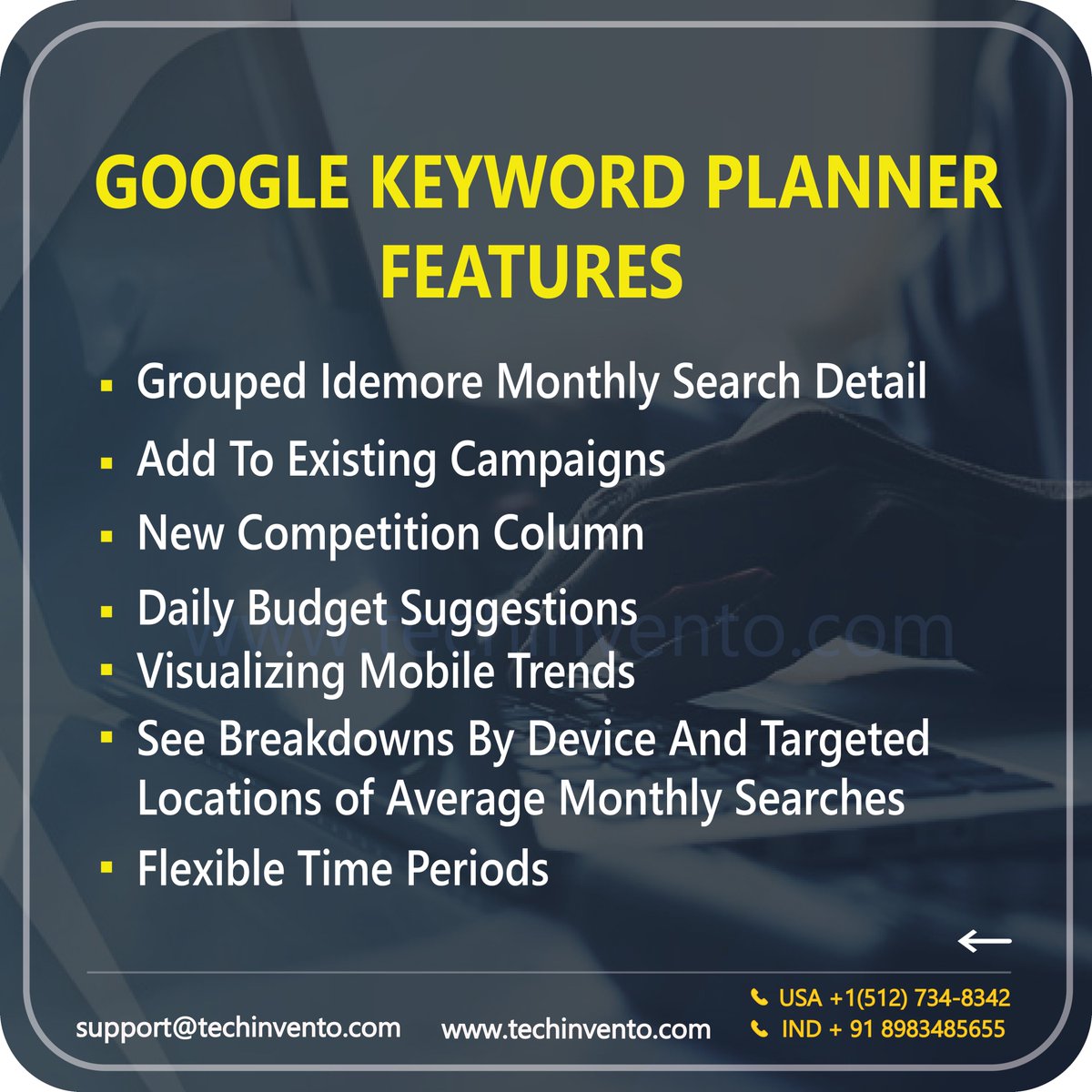 tech_invento's tweet photo. Keyword Planner is a free google ads tool for new or experienced advertiser's that's like a workshop for building new search networks campaigns.
USA:+1(512)7348342
INDIA:+91-7507540231
support@techinvento.com
#programming #Austin #usa #freelance #techinvento #digitalmarketing https://t.co/iHkhdMdep6