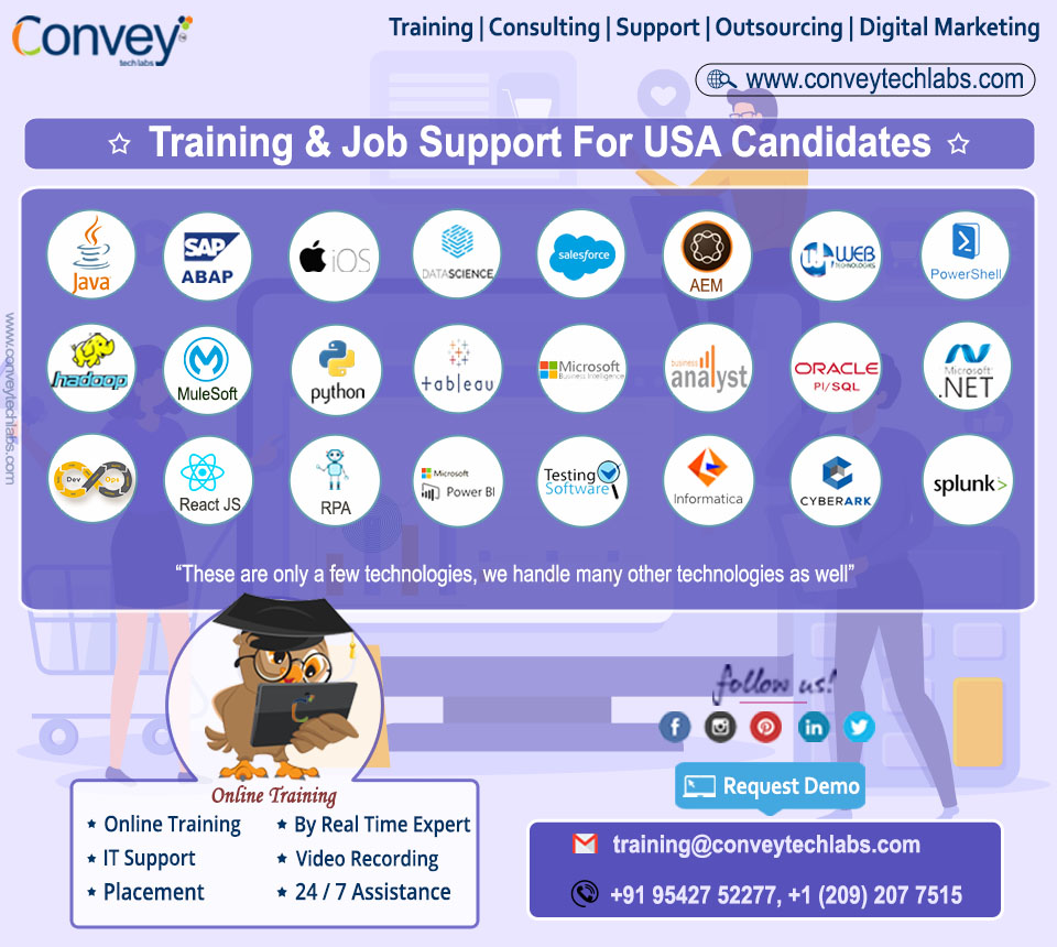 Conveytechlabs's tweet image. #ConveyTechLabs is going to start #OnlineTraining #Job_Support &amp;amp; #Placements on all latest and niche technologies...
Interested candidates kindly Mail US: training@conveytechlabs.com, lead@conveytechlabs.com or Contact US: +91 9542752277 , +1 (209) 207 7515
