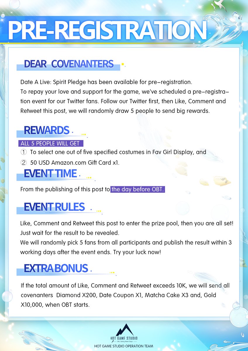SpiritPledgeDAL's tweet image. [DAL SP Twitter #Giveaway]

DAL SP has finally started pre-registration. We&apos;ve decided to hold a giveaway event. Participate now to win in-game costumes and gift cards. Check the picture for more details.

#DateALive #SpiritPledge
