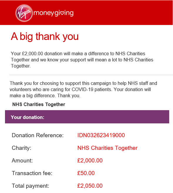 We can't thank the <a href="/NHSCharities/">NHS Charities Together 💙</a> enough for all of their hard work and for risking their lives to save others every single day. We decided to donate for every order received to do our part and here is our first donation of £2000! A big thank you to all our staff and customers!