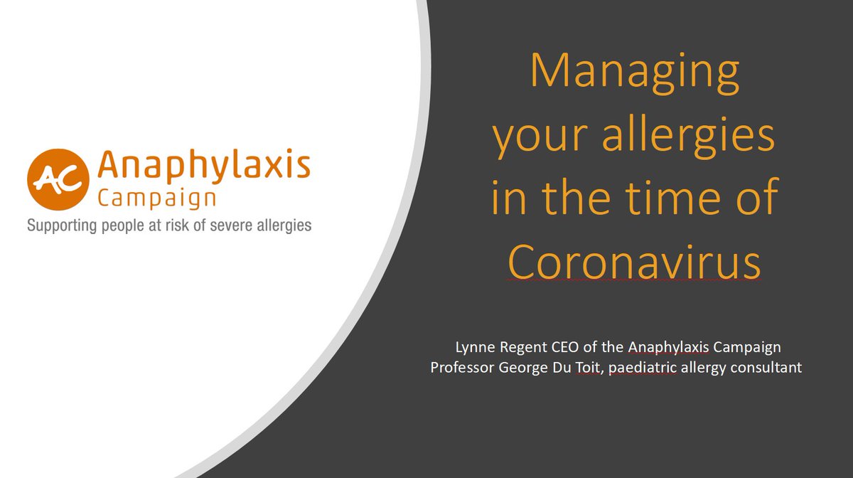 AnaphylaxisUK's tweet photo. WEBINAR
'Managing your allergies in the time of Coronavirus'
20th May, 7.30pm

Our CEO Lynne Regent will be joined by paediatric allergy consultant, Professor George Du Toit, to answer your questions. Register:
https://t.co/FAhLe2T5nr 

Email questions to admin@anaphylaxis.org.uk https://t.co/ZeEzRoedGl