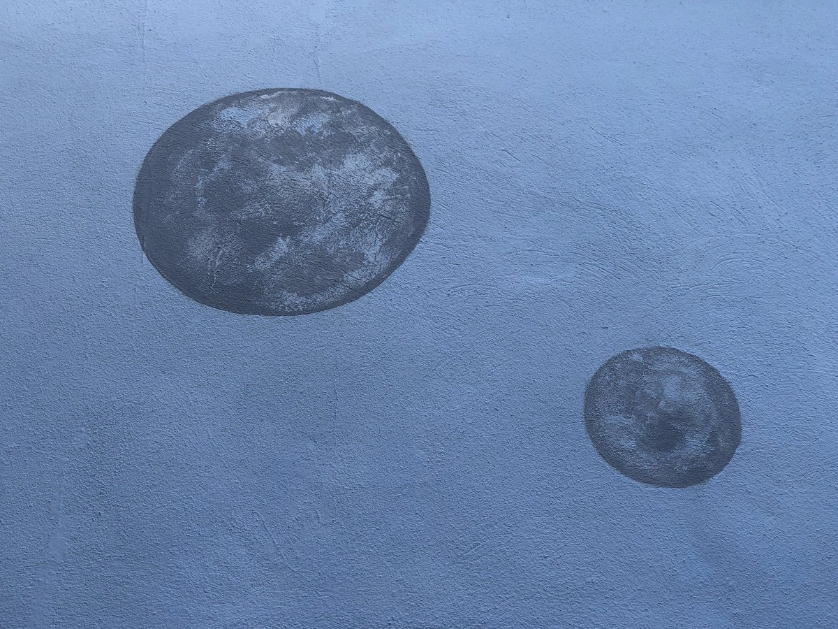 Then I filled in the moons using grey paint, a brush for the outline and a dish sponge for the rest. Still allowing blue background through - I wanted it like you see our moon during the day. Dish sponges rule.