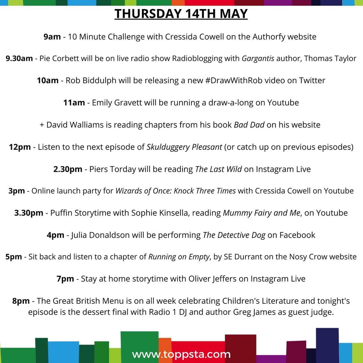 WednesfieldAcad's tweet photo. Thursday’s  schedule of online activities from children's book authors and illustrators!

Highlights here and full list with links over on the website:

https://t.co/wG8DvPQyBv

#FreeBookResources #UnitedByBooks https://t.co/K1Bnw1sBeR