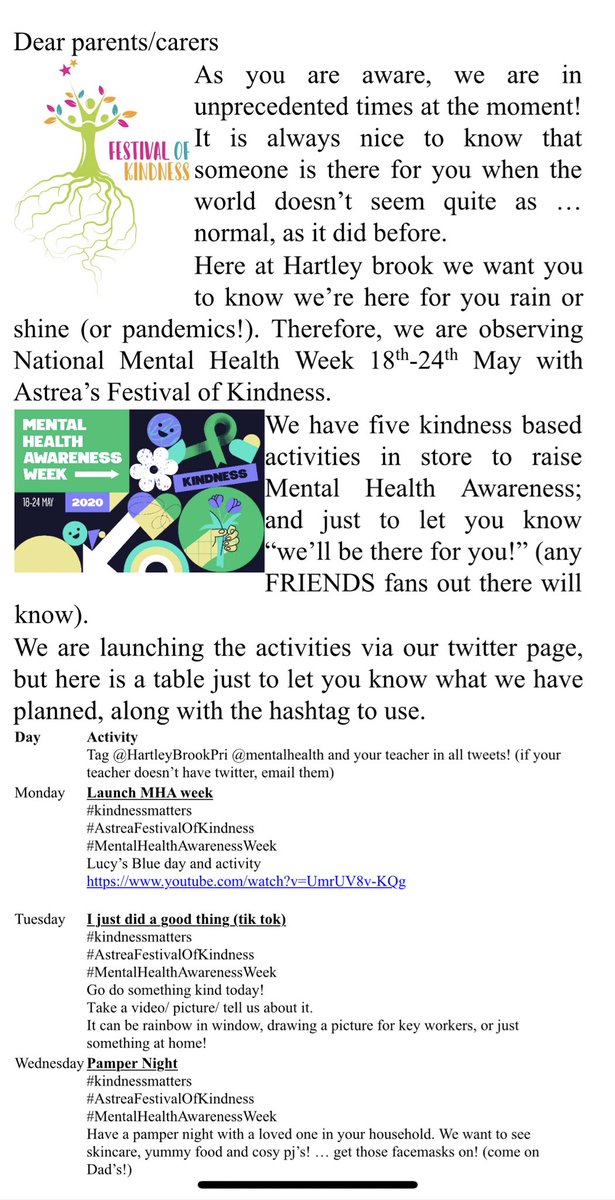 HartleyBrookPri's tweet photo. Everyone... get ready for Mental Health Awareness week from the 18-24th May! We’ve got 5 fun packed activities for you to complete to show #KindnessMatters 🌳🌸🤝

 #AstreaFestivalOfKindness #MentalHealthAwarenessWeek 
@mentalhealth @Benedick1 @gublet @astreaacademies https://t.co/LwC5GZHqDd
