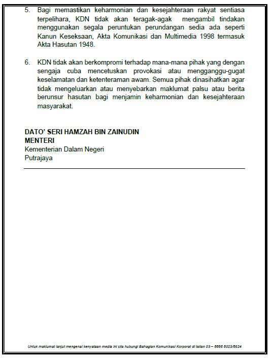 KENYATAAN MEDIA MENTERI KEMENTERIAN DALAM NEGERI - Langkah Kementerian Dalam Negeri
Bagi Membendung Penyebaran Maklumat Palsu
Dan Berita Berunsur Hasutan.