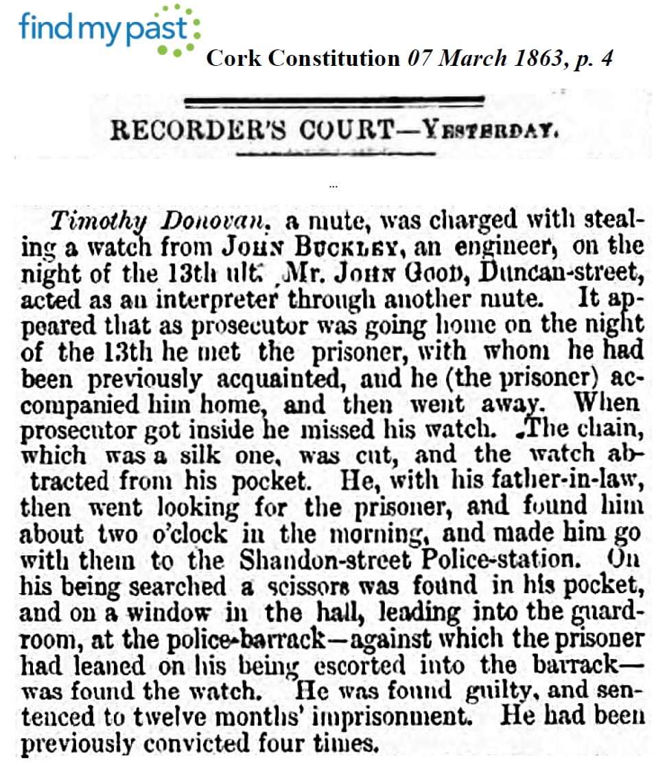 jeffmcw's tweet image. Is this the earliest recorded Deaf Interpreter?  This article published on March 7th, 1863 refers to a court hearing in which a Mr Good &quot;acted as an interpreter through ANOTHER mute&quot;!  Thanks to Cormac Leonard&apos;s research which unearthed this. #DeafInterpreter @rejadam