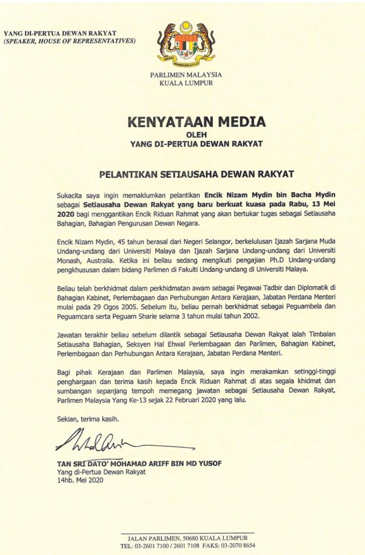 Bfm News On Twitter Dewan Rakyat Secretary Riduan Rahmat Has Been Replaced After Less Than Three Months In The Position The Move Comes After A Notice Confirming The One Day Parliamentary Sitting On