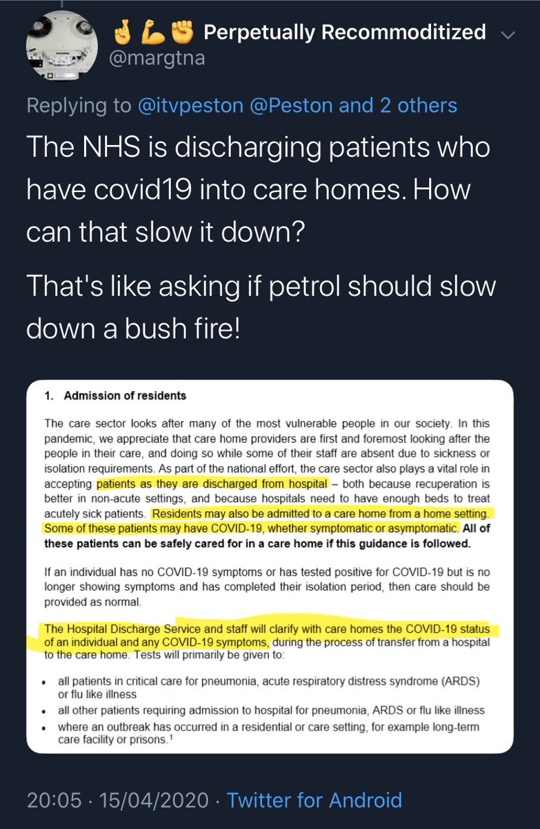 It turns out that someone attempted to warn Matt Hancock & other MPs via Twitter, that these govt guidelines could result in  #COVID19 transmission to care homes.On 15 April,  @margtna Tweeted the document with the vital passages highlighted in yellow, at  @MattHancock &  @Peston.