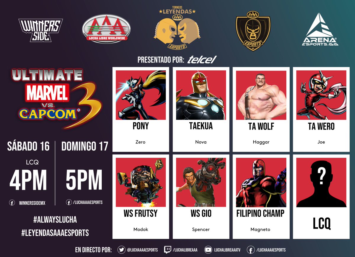 LuchaAAAesports's tweet photo. Confirmados todos los jugadores que participarán en el invitational de Ultimate Marvel vs. Capcom 3 del Circuito #LeyendasAAAEsports
@fchampryan 
@ponycombos 
@Taekua
@estebanwolf23 
TA Wero
@TA_Frutsy 
@_TAGio 
El octavo jugador se decidirá este sábado en el LCQ
#AlwaysLucha https://t.co/5eESDk2hPt