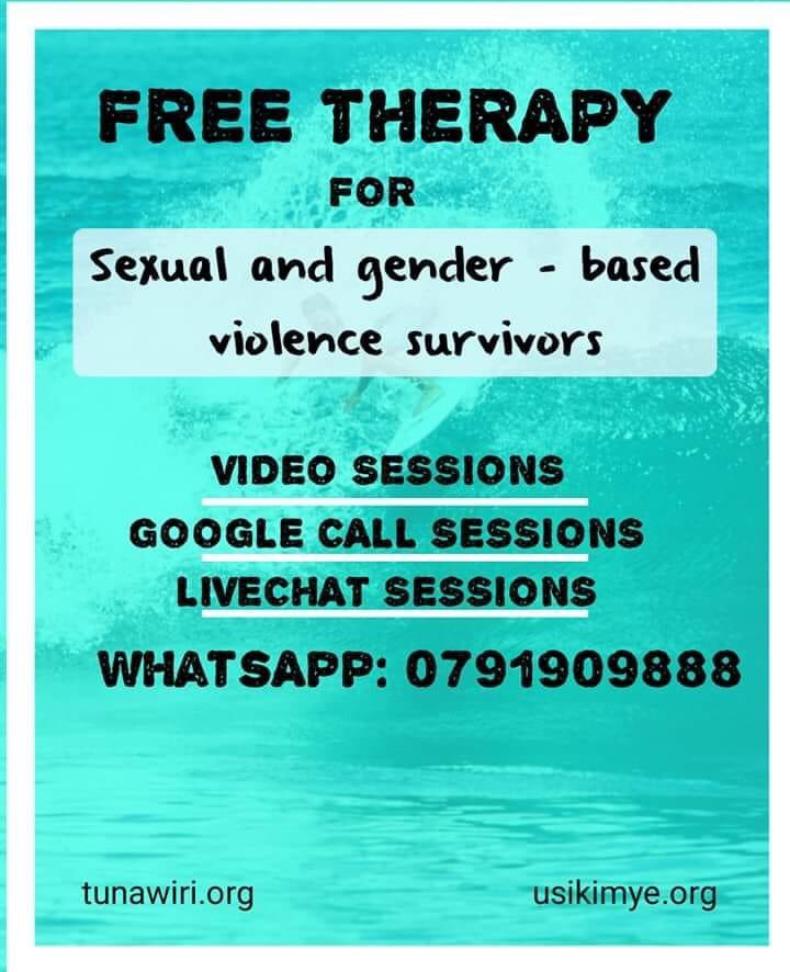 We are offering free therapy sessions 4 victims & survivors of:1. Sexual abuse, violence & exploitation.2. Domestic abuse victims3. Victims of emotional, financial abuse.Share & reach out to us via WhatsApp at  https://wa.me/0791909888&nbsp; & Livechat at:  http://direct.lc.chat/11810169&nbsp;