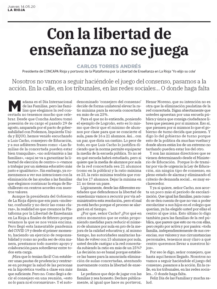ECLarioja's tweet photo. #Tribuna 👀 | Comenzamos el día con una recomendación: acércate al quiosco y compra #DiarioLaRioja para disfrutar la lectura de la tribuna de Carlos Torres. No se puede decir más claro, ¡hasta aquí hemos llegado! Pasamos a la acción.

#YoElijoSuCole #LibertadDeEnseñanza https://t.co/YOe7aHCwZc