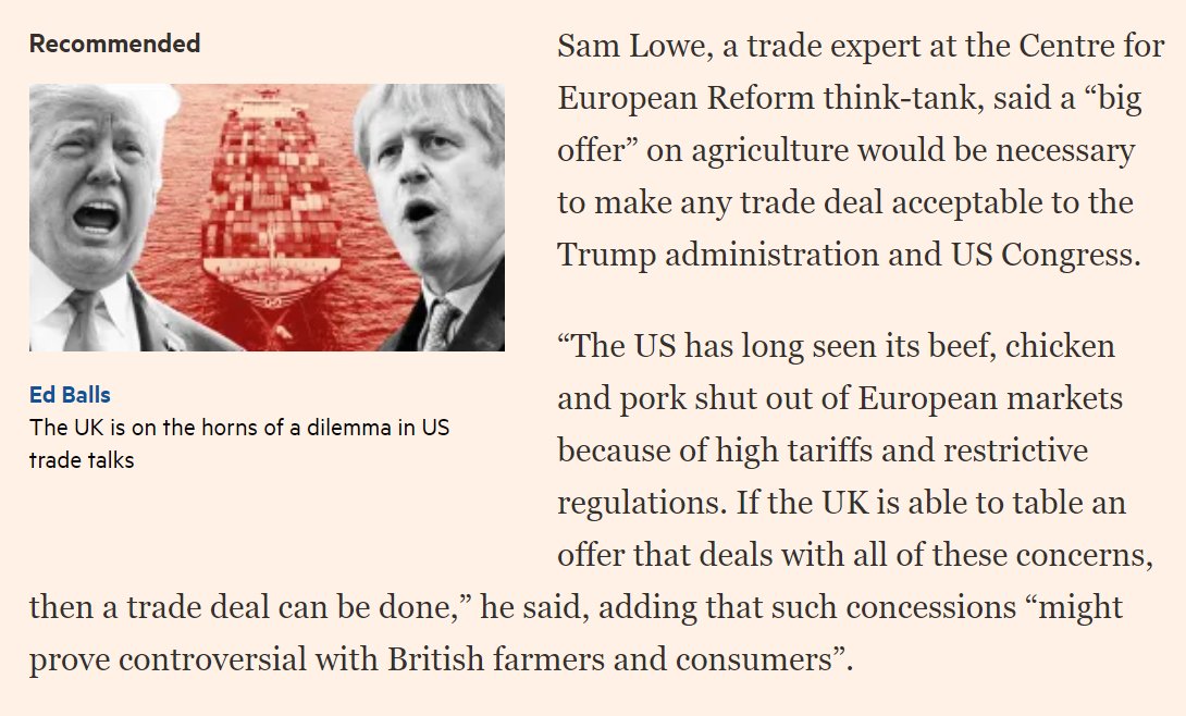 Because as  @SamuelMarcLowe tells us, a “big offer” from UK on agriculture would be necessary to make any trade deal acceptable to the Trump administration and US Congress. /3