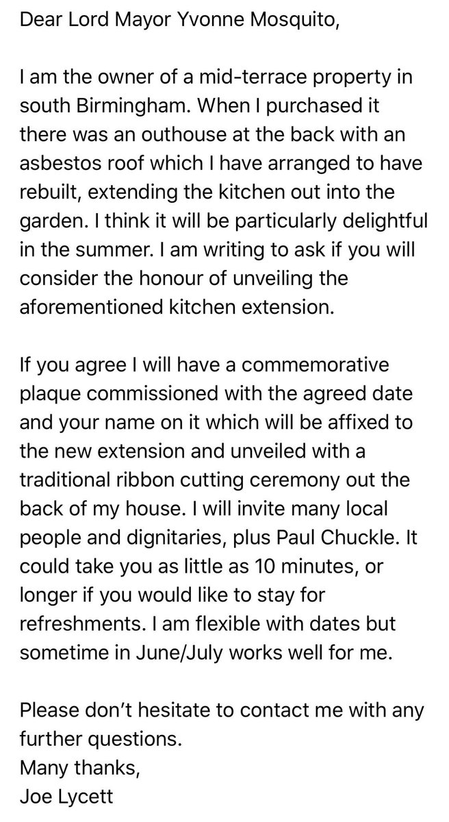 In March 2019 I emailed the office of The Lord Mayor Yvonne Mosquito asking if she would open my kitchen extension. (2/10)