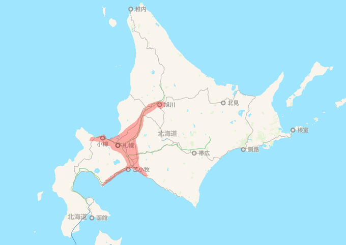 北海道の難しいところは、この赤いエリアに人口の7割くらい、300万人以上が集中している事だわな。道央圏と札幌～旭川のベルトに 