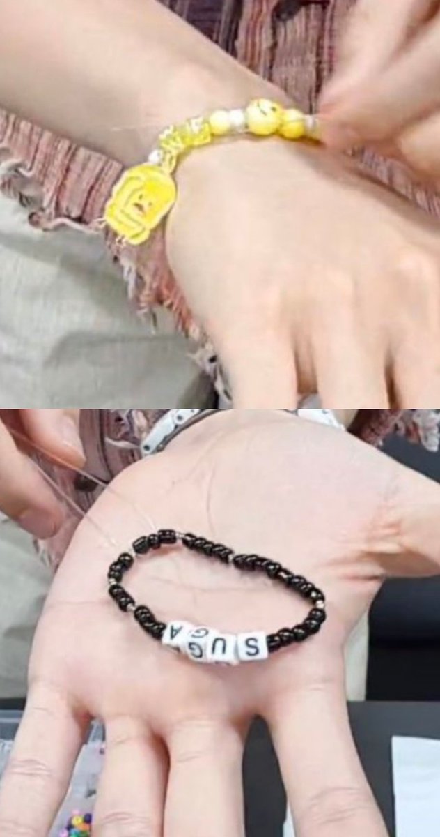 laughkpop's tweet photo. The bracelets hobi made for jimin, yoongi and namjoon

jimin: yellow with a duck 💛🐣

yoongi : black, suga, and kitty 🖤🐱

Namjoon: blue, heart RM and koala 💙🐨💙 https://t.co/Ki5k4pqP1O