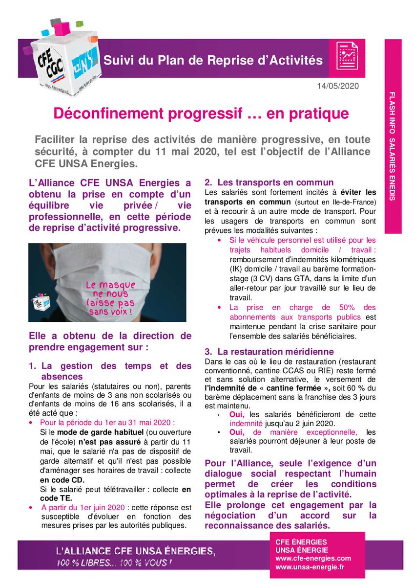 CfeLr's tweet photo. Déconfinement progressif … en pratique 

Faciliter la reprise des activités de manière progressive, en toute sécurité, à compter du 11 mai 2020, tel est l’objectif de l’Alliance CFE UNSA Energies.

#CFE #UNSA #ÉNERGIE #ENEDIS https://t.co/7nDShhCqCH