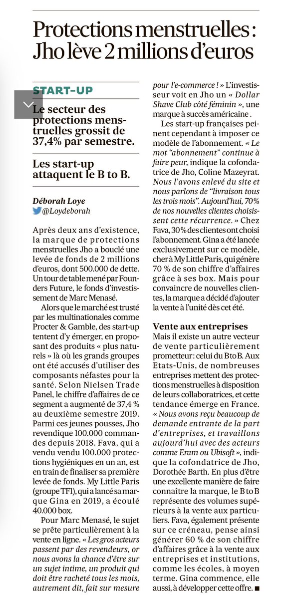 🤗Ravi d'annoncer ce matin notre entrée au capital de la société jho. aux cotés de deux entrepreneuses chevronnées Coline Mazeyrat et Dorothée Barth 👯‍♀️ qui ambitionnent de rendre l'ENORME marché de l'hygiene féminine plus clean, plus transparent et décompléxé! <a href="/foundersfuture/">Founders Future</a>