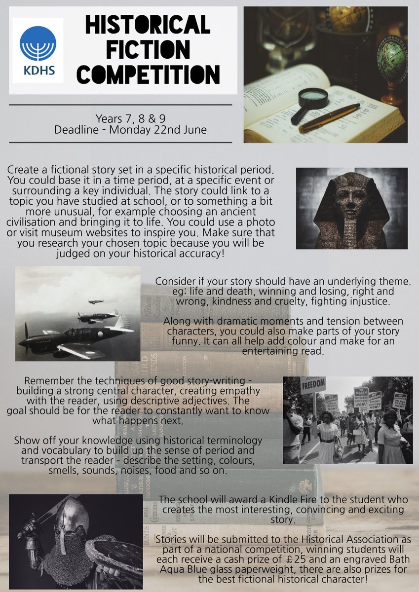 KDHSLiverpool's tweet photo. Year 7,8 & 9 historians have an exciting opportunity to write a piece of Historical fiction - the winner will receive a Kindle Fire. Check your emails for details! #ks3history #creativewriting #historicalfiction #historycompetition https://t.co/rfG6kbUFKH